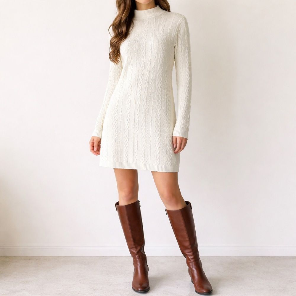 NWT Abercrombie & Fitch Cable Knit Sweater Dress Cream Mock Neck Size XLT Tall